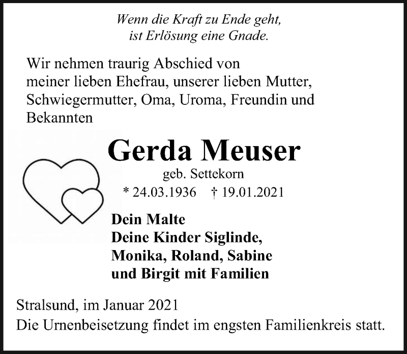  Traueranzeige für Gerda Meuser vom 23.01.2021 aus Ostsee-Zeitung GmbH