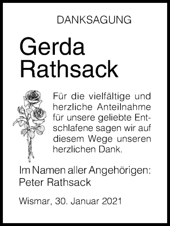 Traueranzeige von Gerda Rathsack von Ostsee-Zeitung GmbH