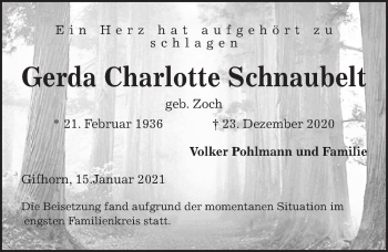 Traueranzeige von Gerda Charlotte Schnaubelt von Aller Zeitung