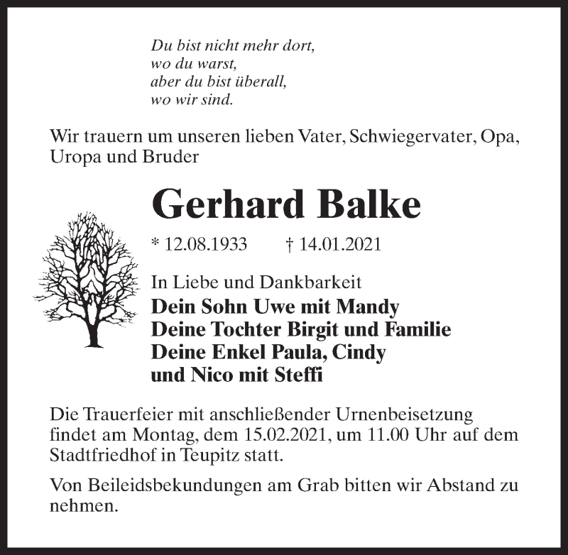  Traueranzeige für Gerhard Balke vom 30.01.2021 aus Märkischen Allgemeine Zeitung