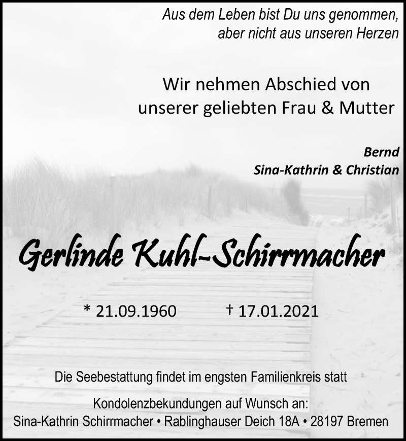  Traueranzeige für Gerlinde Kuhl-Schirrmacher vom 22.01.2021 aus Göttinger Tageblatt