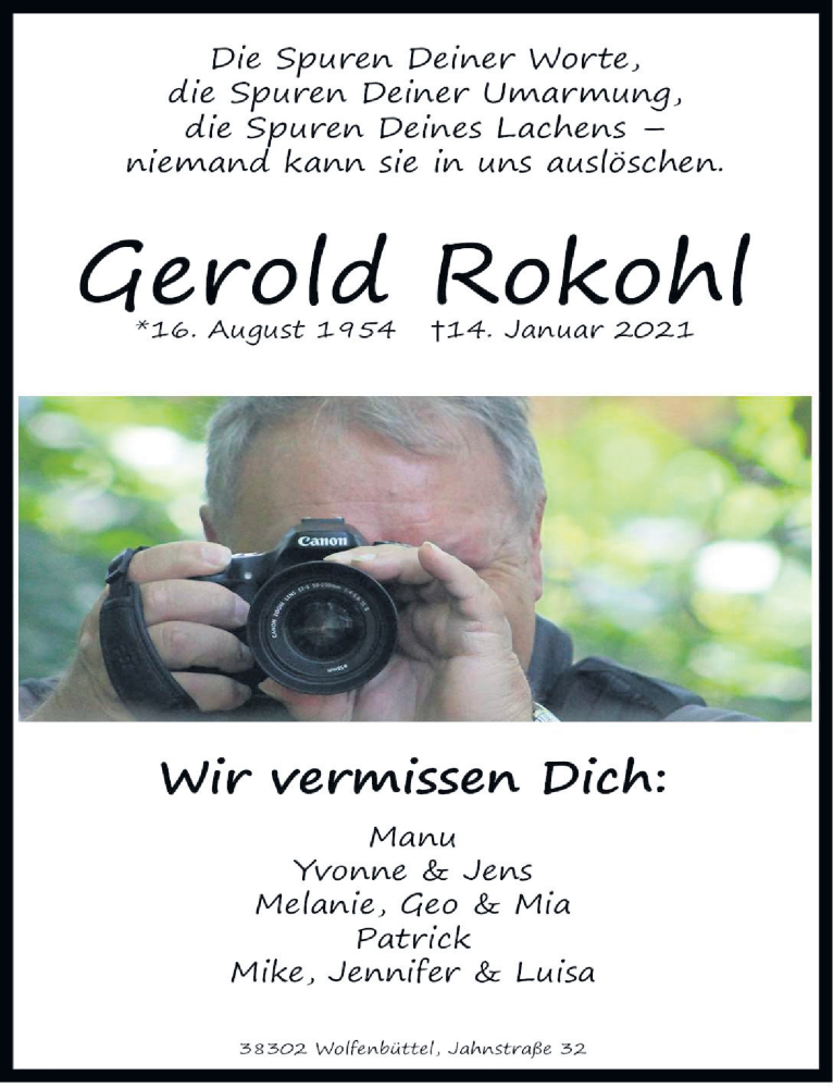  Traueranzeige für Gerold Rokohl vom 23.01.2021 aus Peiner Allgemeine Zeitung