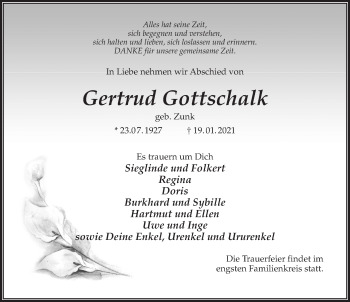 Traueranzeige von Gertrud Gottschalk von Märkischen Allgemeine Zeitung