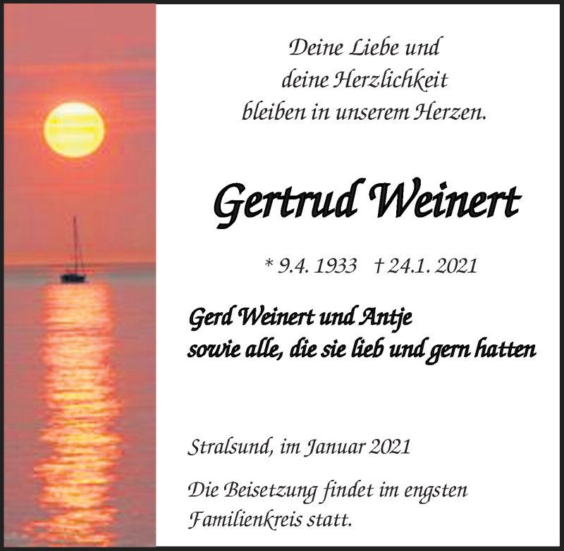  Traueranzeige für Gertrud Weinert vom 30.01.2021 aus Ostsee-Zeitung GmbH