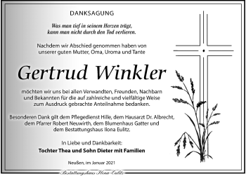Traueranzeige von Gertrud Winkler von Torgauer Zeitung