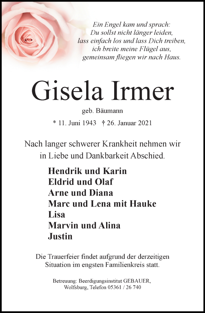  Traueranzeige für Gisela Irmer vom 30.01.2021 aus Aller Zeitung