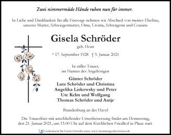 Traueranzeige von Gisela Schröder von Märkischen Allgemeine Zeitung