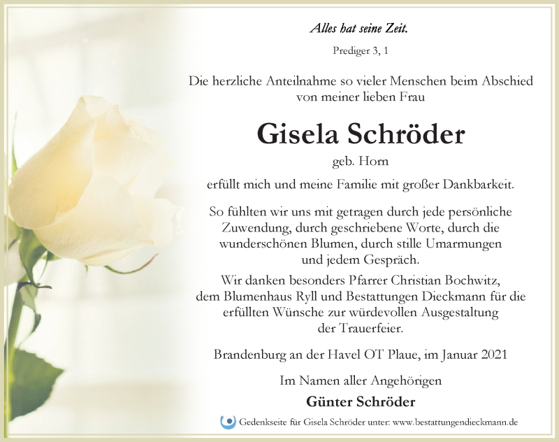  Traueranzeige für Gisela Schröder vom 30.01.2021 aus Märkischen Allgemeine Zeitung