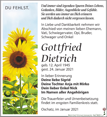 Traueranzeige von Gottfried Dietrich von Leipziger Volkszeitung