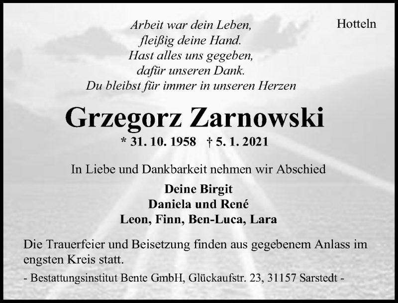  Traueranzeige für Grzegorz Zarnowski vom 07.01.2021 aus Hannoversche Allgemeine Zeitung/Neue Presse