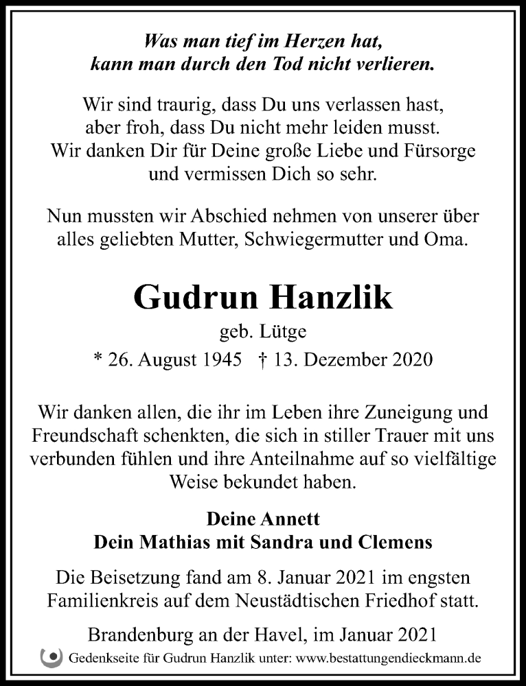  Traueranzeige für Gudrun Hanzlik vom 09.01.2021 aus Märkischen Allgemeine Zeitung