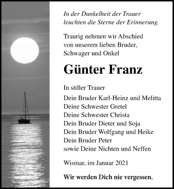 Traueranzeige von Günter Franz von Ostsee-Zeitung GmbH