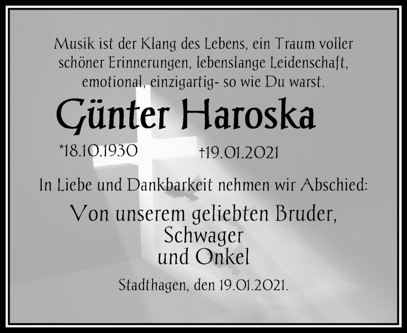  Traueranzeige für Günter Haroska vom 23.01.2021 aus Schaumburger Nachrichten
