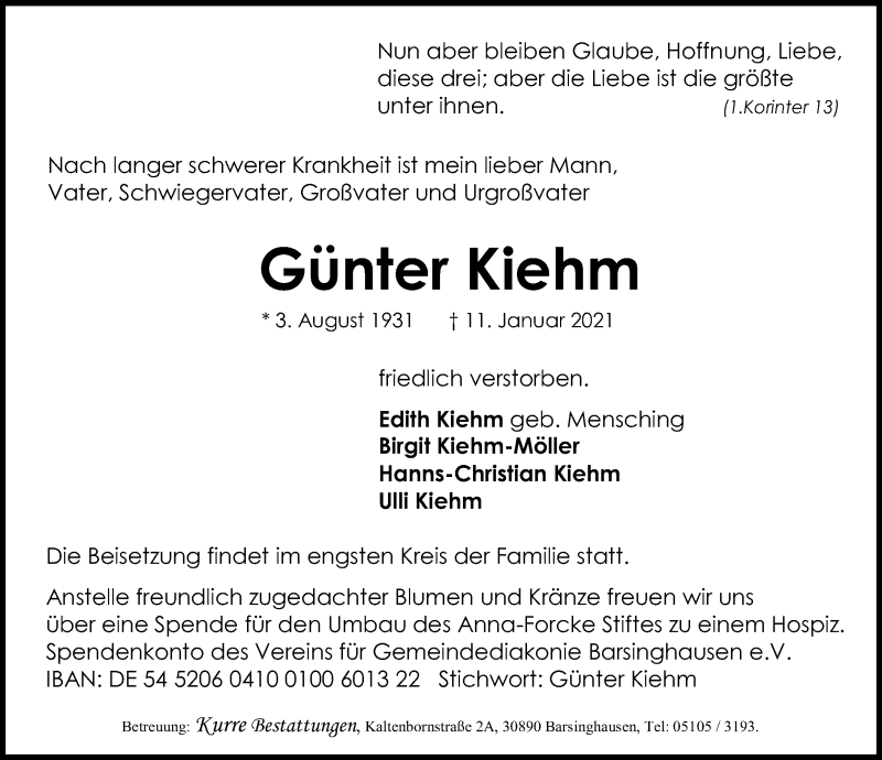  Traueranzeige für Günter Kiehm vom 16.01.2021 aus Hannoversche Allgemeine Zeitung/Neue Presse