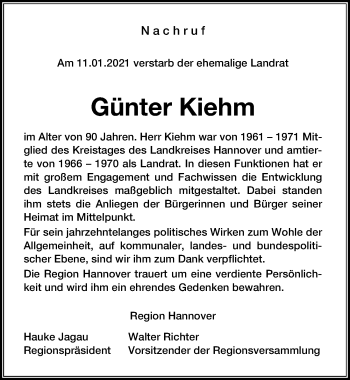 Traueranzeige von Günter Kiehm von Hannoversche Allgemeine Zeitung/Neue Presse