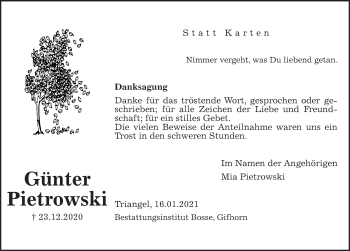 Traueranzeige von Günter Pietrowski von Aller Zeitung