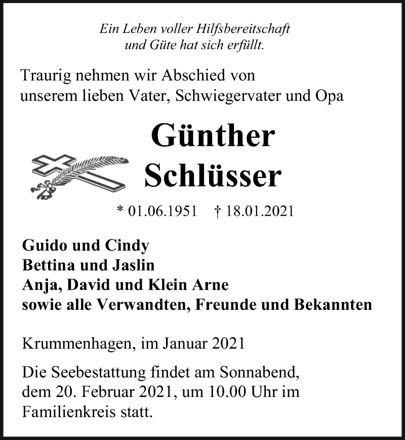  Traueranzeige für Günther Schlüsser vom 23.01.2021 aus Ostsee-Zeitung GmbH