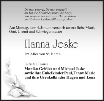 Traueranzeige von Hanna Jecke von Märkischen Allgemeine Zeitung