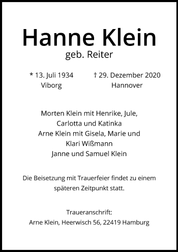 Traueranzeige von Hanne Klein von Hannoversche Allgemeine Zeitung/Neue Presse