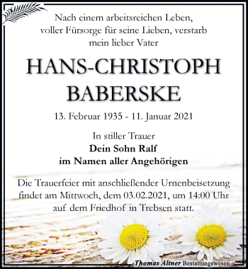 Traueranzeige von Hans-Christoph Baberske von Leipziger Volkszeitung