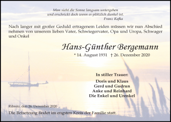 Traueranzeige von Hans-Günther Bergemann von Ostsee-Zeitung GmbH