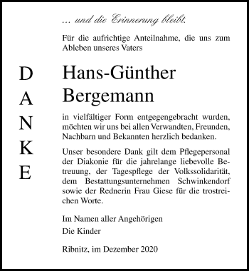 Traueranzeige von Hans-Günther Bergemann von Ostsee-Zeitung GmbH