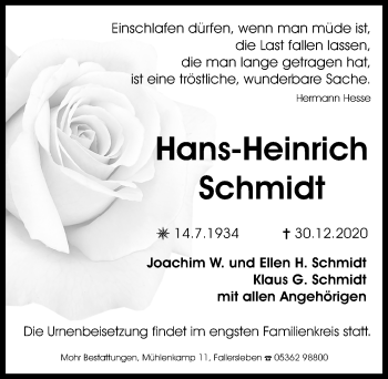 Traueranzeige von Hans-Heinrich Schmidt von Aller Zeitung