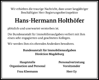 Traueranzeige von Hans-Hermann Holthöfer von Hannoversche Allgemeine Zeitung/Neue Presse