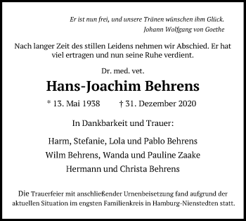 Traueranzeige von Hans-Joachim Behrens von Kieler Nachrichten