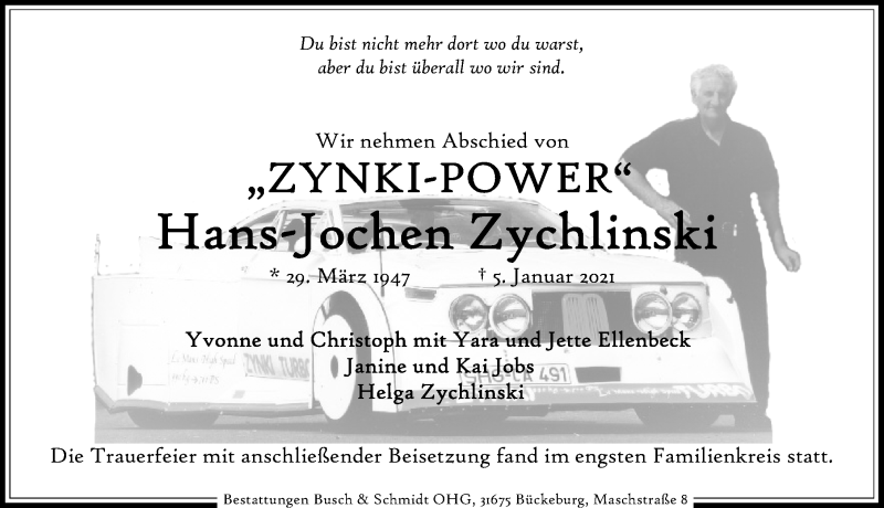  Traueranzeige für Hans-Jochen Zychlinski vom 16.01.2021 aus Schaumburger Nachrichten