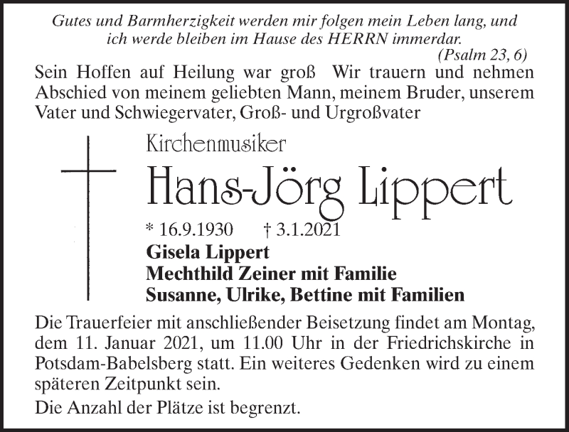  Traueranzeige für Hans-Jörg Lippert vom 07.01.2021 aus Märkischen Allgemeine Zeitung
