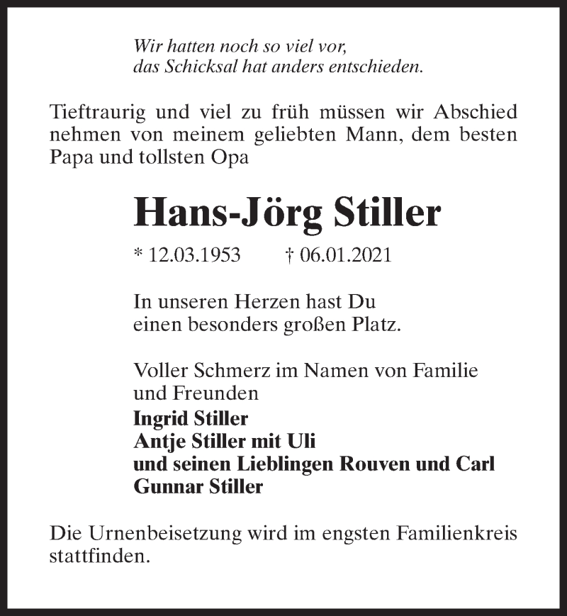  Traueranzeige für Hans-Jörg Stiller vom 09.01.2021 aus Märkischen Allgemeine Zeitung