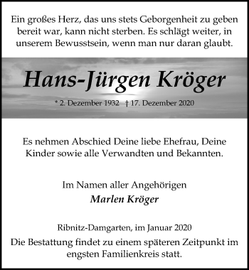 Traueranzeige von Hans-Jürgen Kröger von Ostsee-Zeitung GmbH