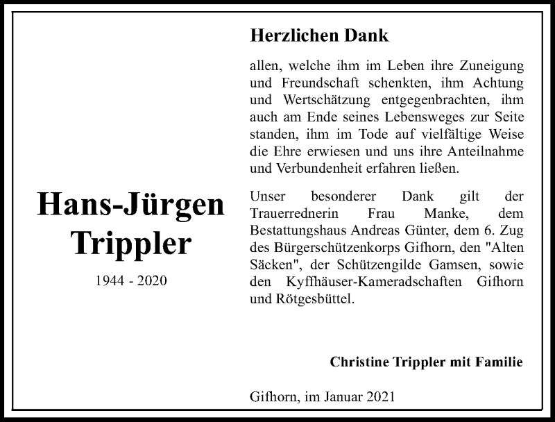  Traueranzeige für Hans-Jürgen Trippler vom 23.01.2021 aus Aller Zeitung