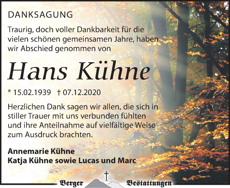  Traueranzeige für Hans Kühne vom 23.01.2021 aus Leipziger Volkszeitung