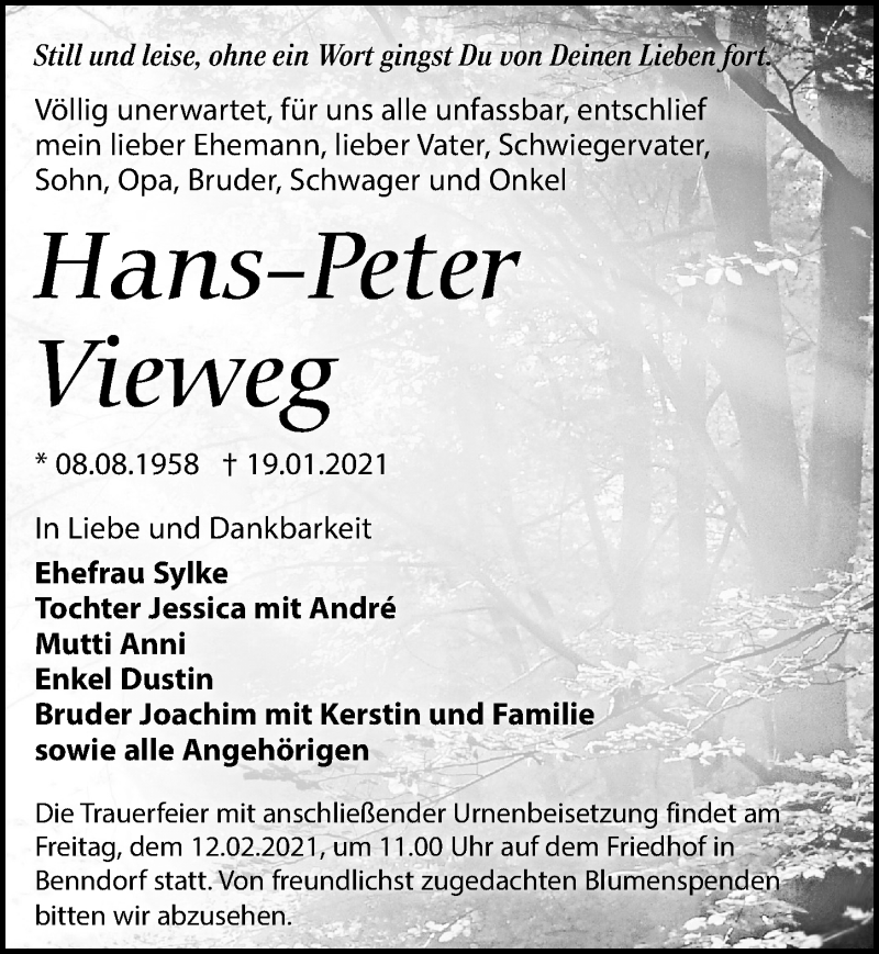  Traueranzeige für Hans-Peter Vieweg vom 30.01.2021 aus Leipziger Volkszeitung