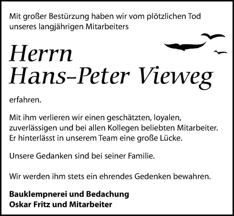  Traueranzeige für Hans-Peter Vieweg vom 30.01.2021 aus Leipziger Volkszeitung