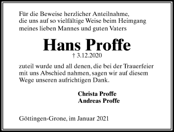 Traueranzeige von Hans Proffe von Göttinger Tageblatt