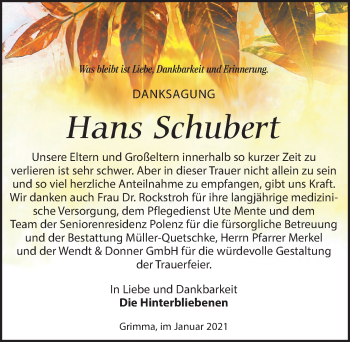 Traueranzeige von Hans Schubert von Leipziger Volkszeitung