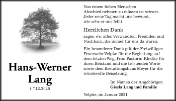 Traueranzeige von Hans-Werner Lang von Aller Zeitung