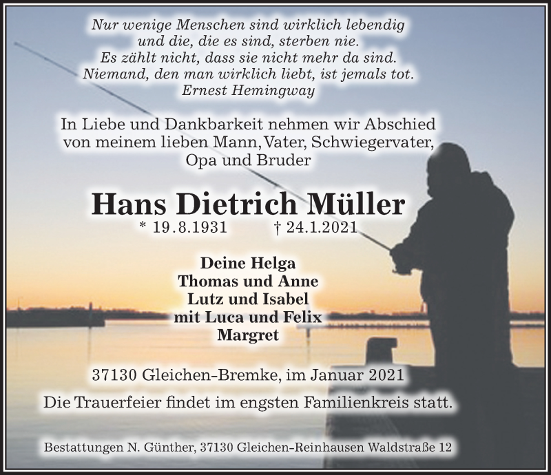  Traueranzeige für Hans Dietrich Müller vom 30.01.2021 aus Göttinger Tageblatt