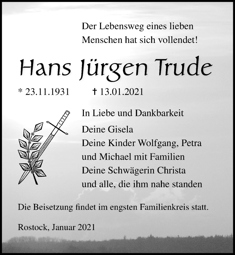  Traueranzeige für Hans Jürgen Trude vom 23.01.2021 aus Ostsee-Zeitung GmbH