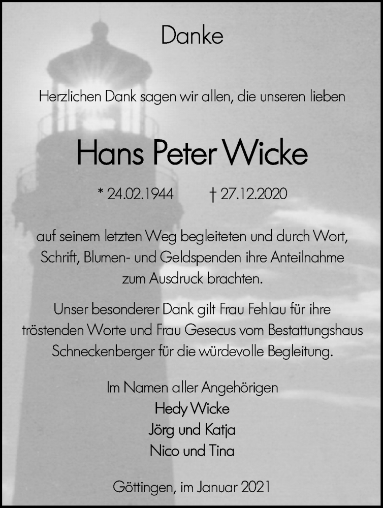  Traueranzeige für Hans Peter Wicke vom 30.01.2021 aus Göttinger Tageblatt