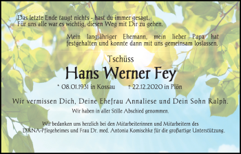 Traueranzeige von Hans Werner Fey von Kieler Nachrichten