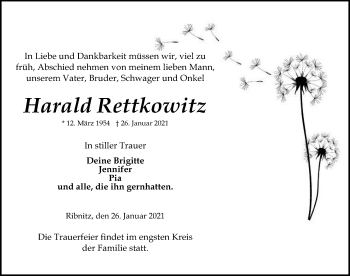 Traueranzeige von Harald Rettkowitz von Ostsee-Zeitung GmbH