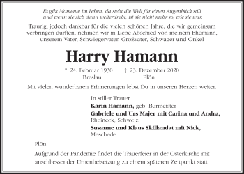 Traueranzeige von Harry Hamann von Kieler Nachrichten