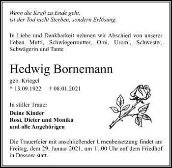 Traueranzeige von Hedwig Bornemann