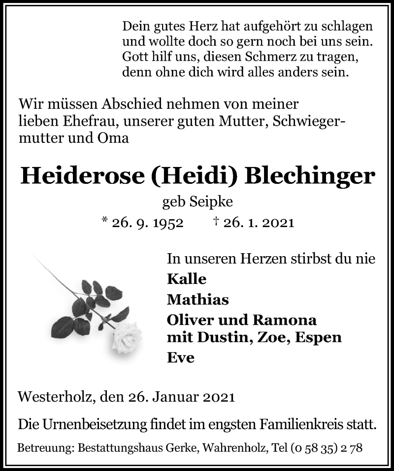  Traueranzeige für Heiderose Blechinger vom 30.01.2021 aus Aller Zeitung