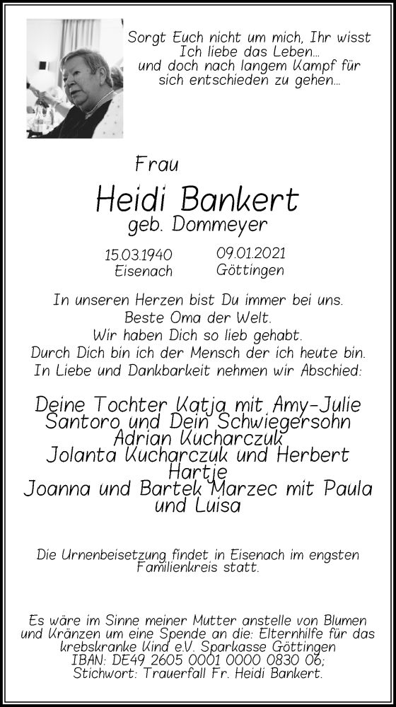  Traueranzeige für Heidi Bankert vom 16.01.2021 aus Göttinger Tageblatt