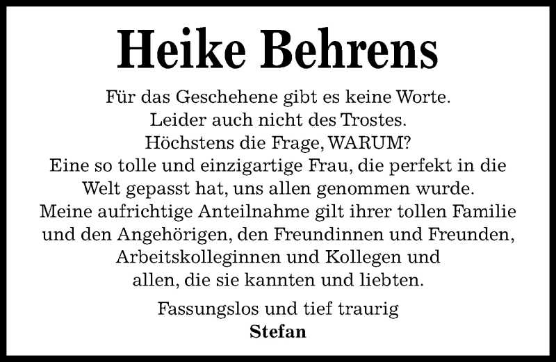  Traueranzeige für Heike Behrens vom 23.01.2021 aus Aller Zeitung